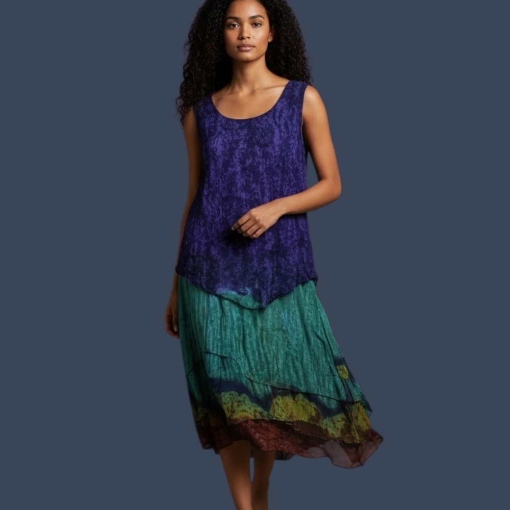 VTG PHOOL Layered Batik Handkerchief Chiffon Drop Waist Artsy Tank Dress